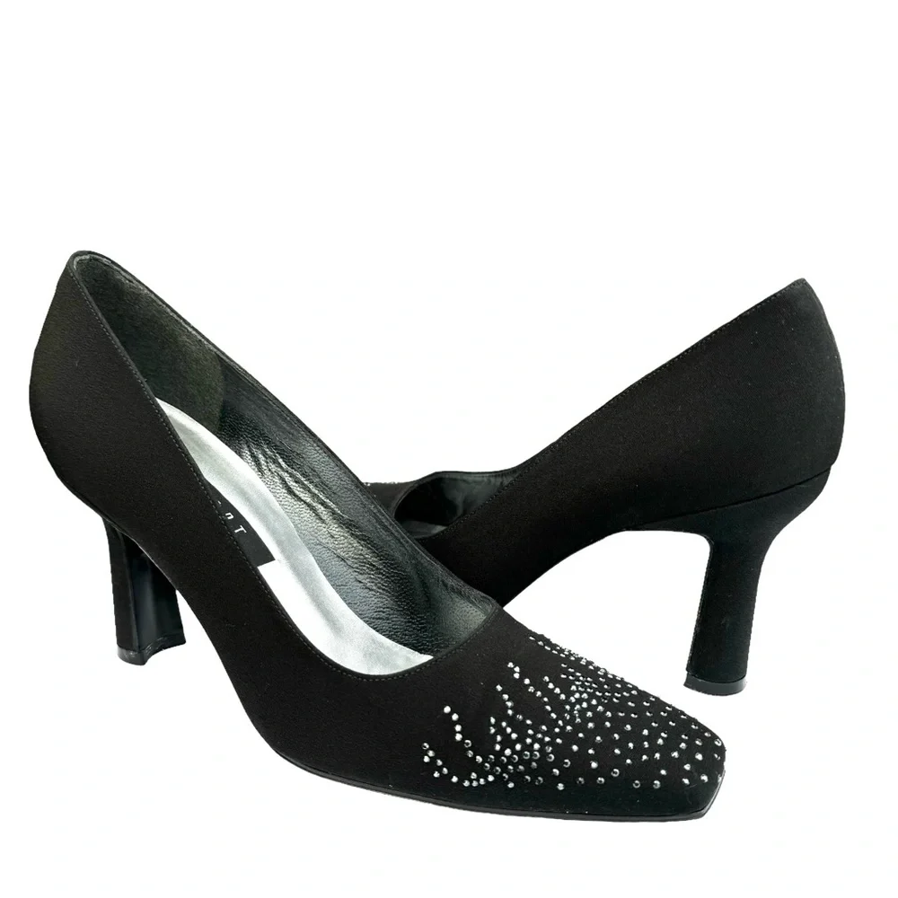Stuart Weitzman Heels Crystal Embellishment Satin Black Pumps - Picture 4 of 17